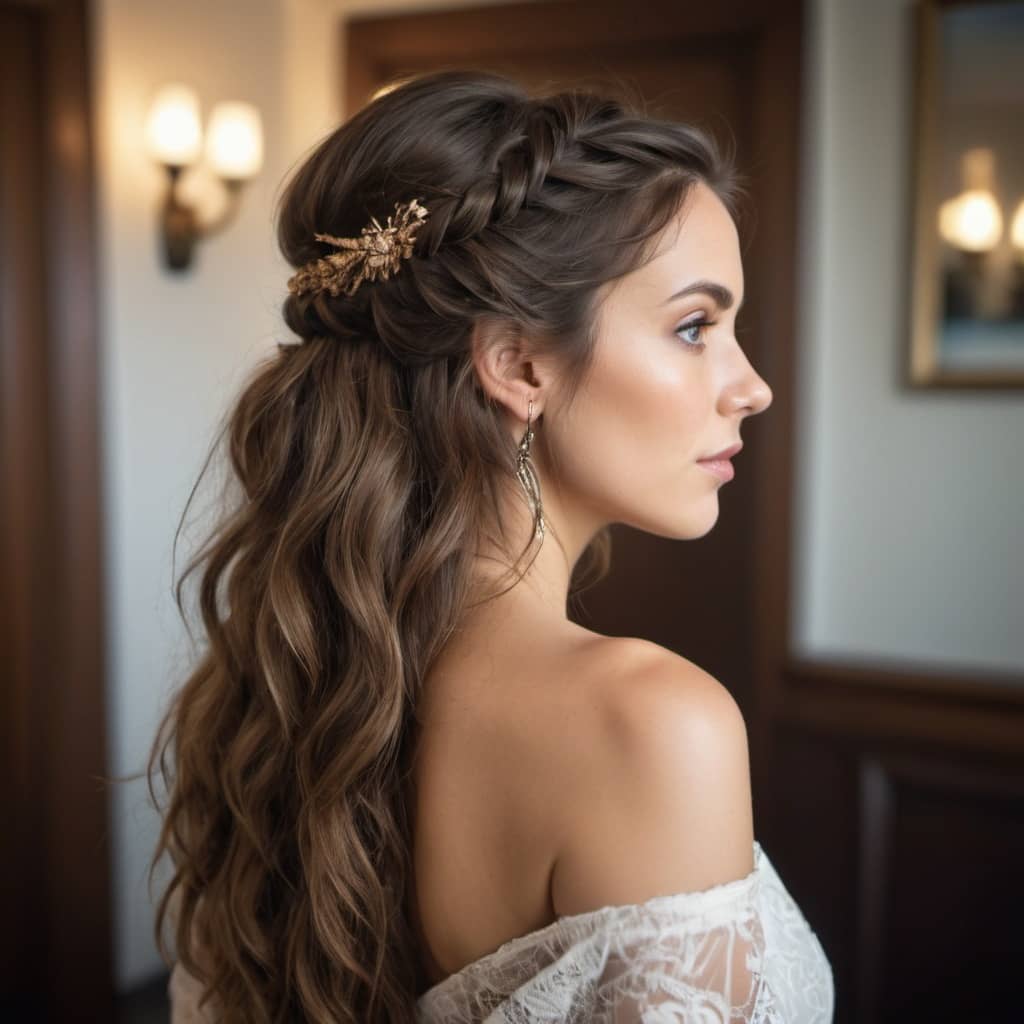 wedding hair trend with loose waves and braided hair crown boho bride hairstyle