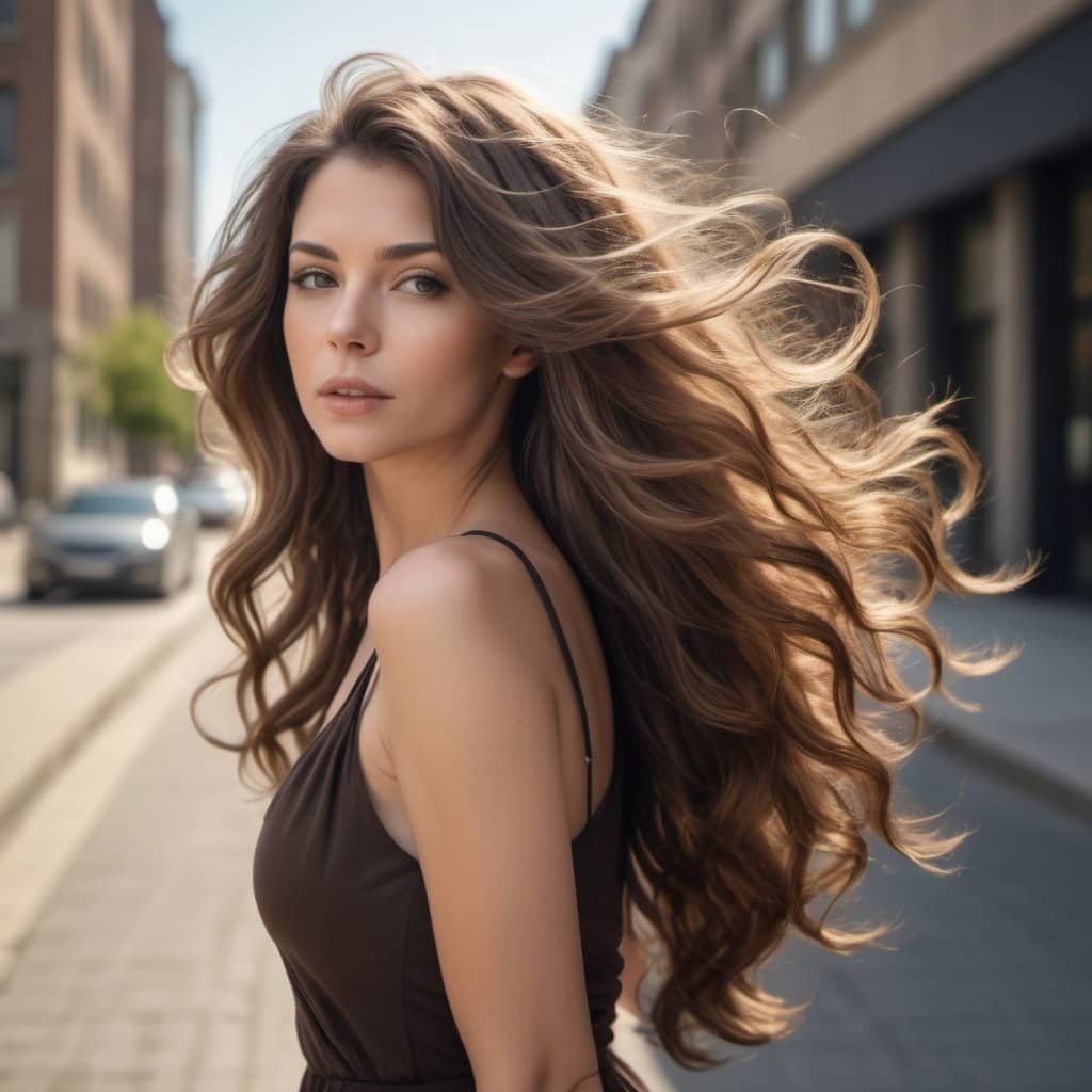 long flowing brunette hair with beaded weft hair extensions styled with loose waves