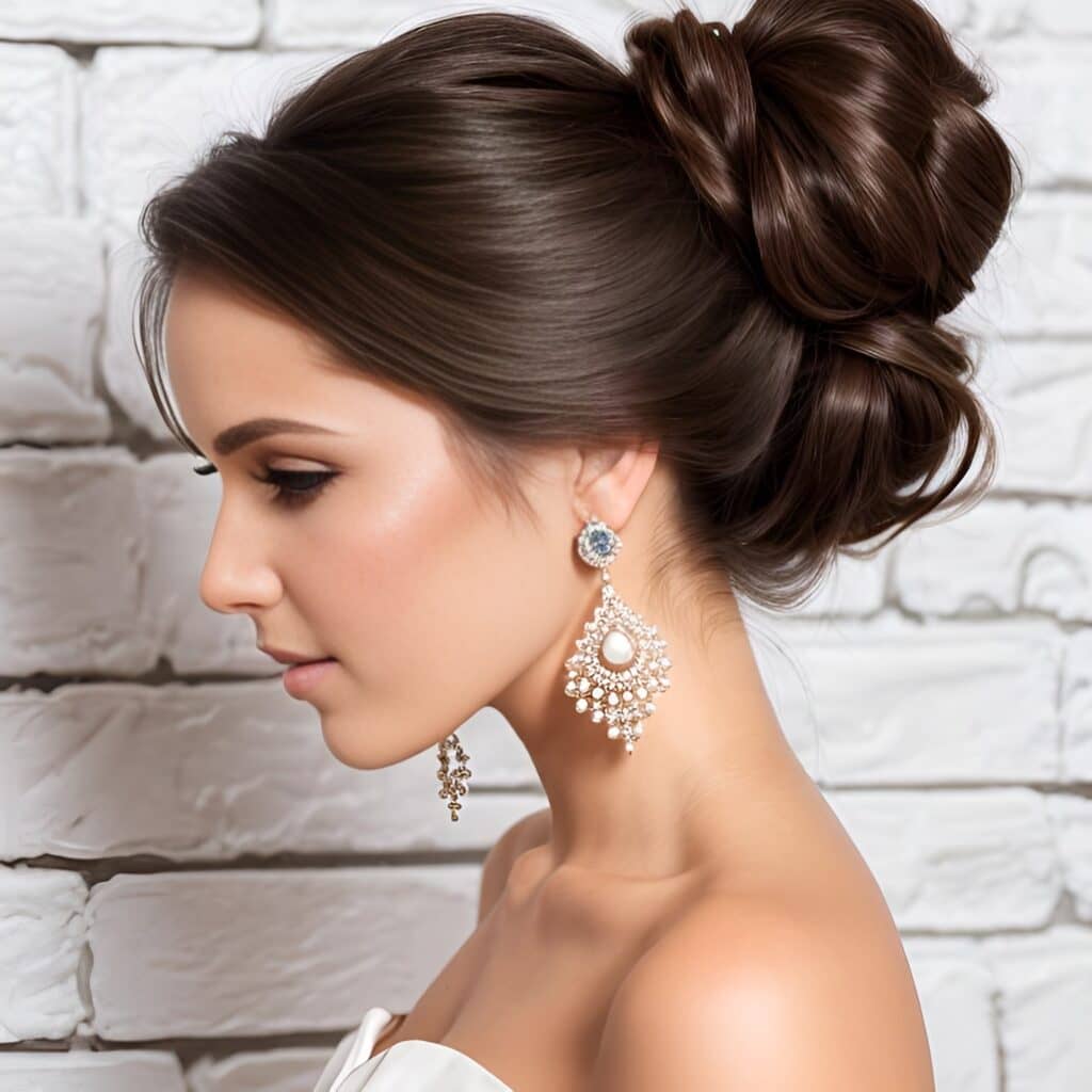 wedding hair bridal styled with low bun and pearl wedding hair accessories looking to the side