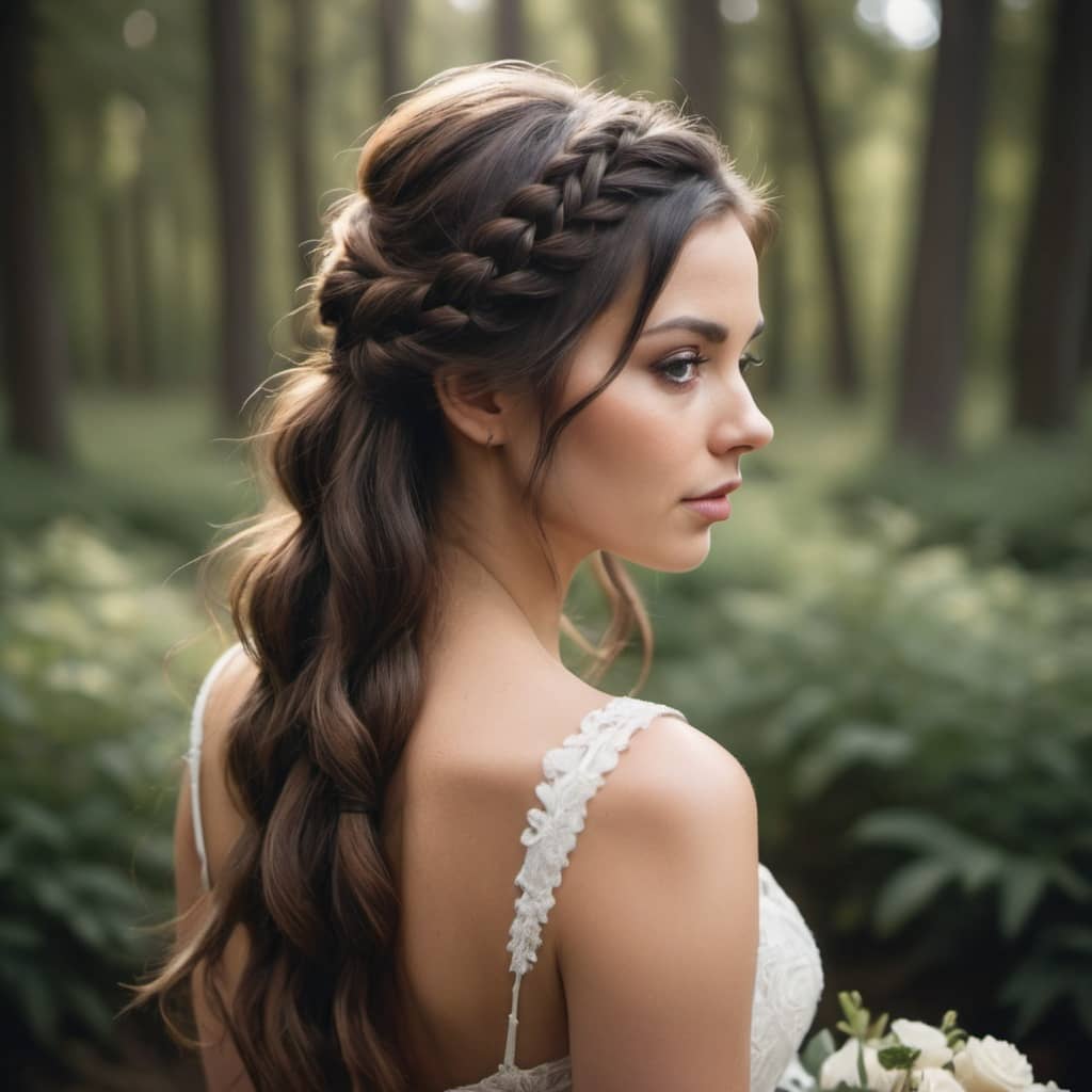 wedding hair trend with loose waves and braided hair crown boho bride hairstyle