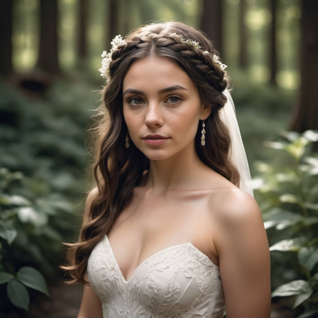 bride with wedding hair half up half down in boho wedding hairstyle standing in a forest
