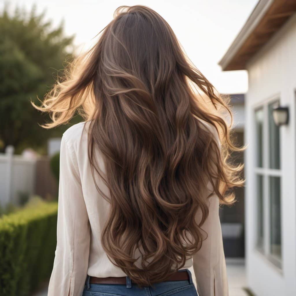 long flowing brunette tape-in hair extensions styled with loose waves