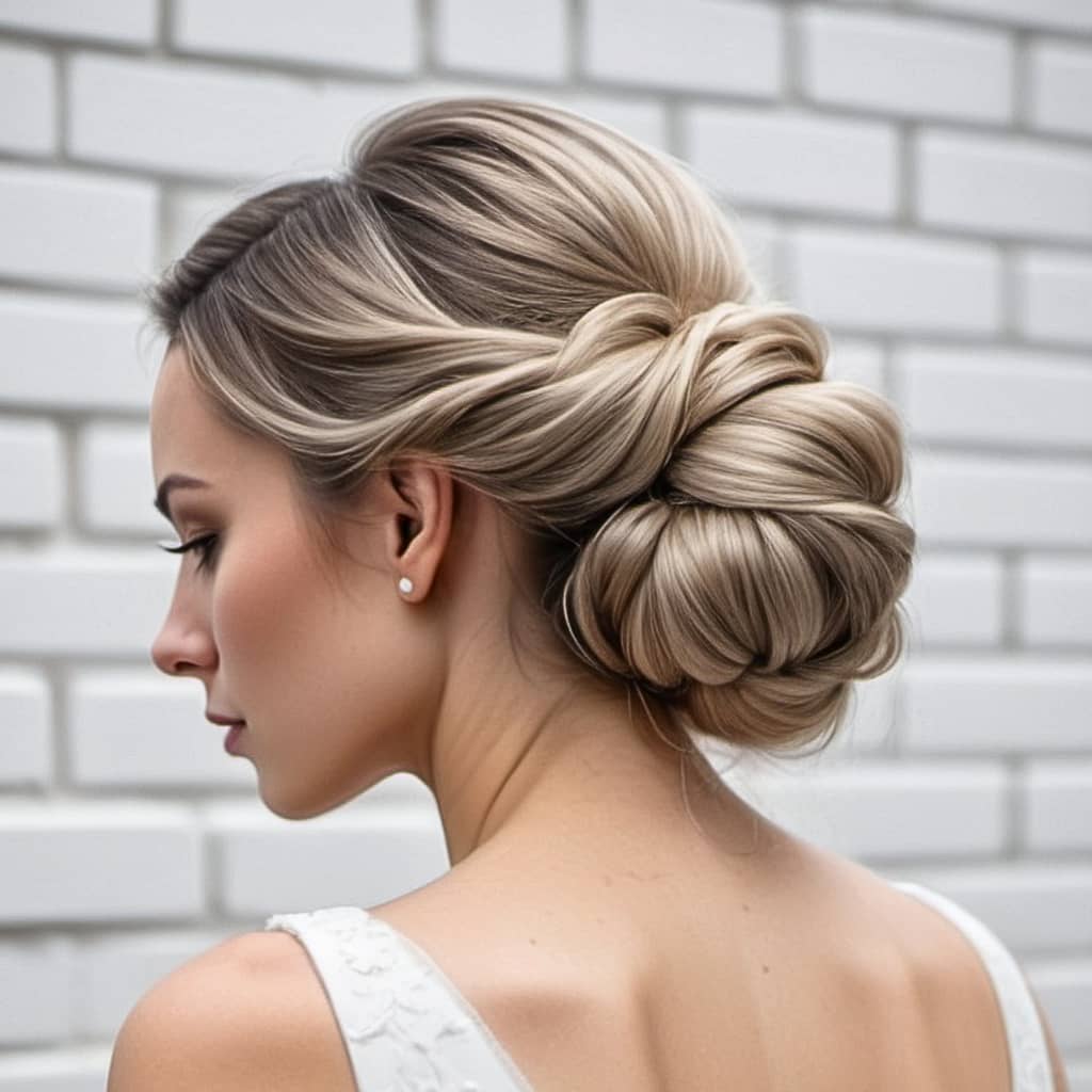 wedding hairstyle low bun woman with blonde hair face to the side