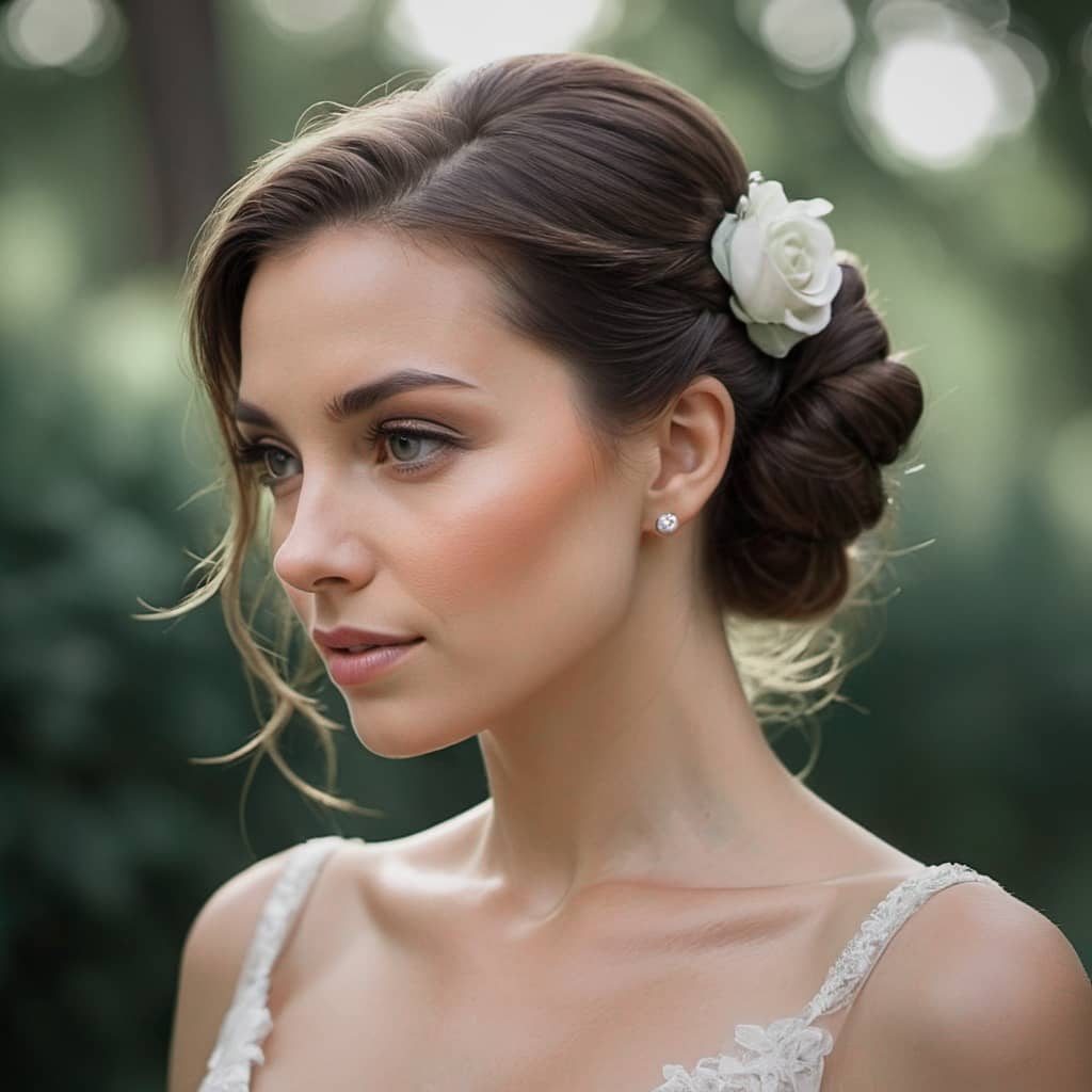 wedding hair bridal styled with low bun and flower wedding hair accessories looking to the side