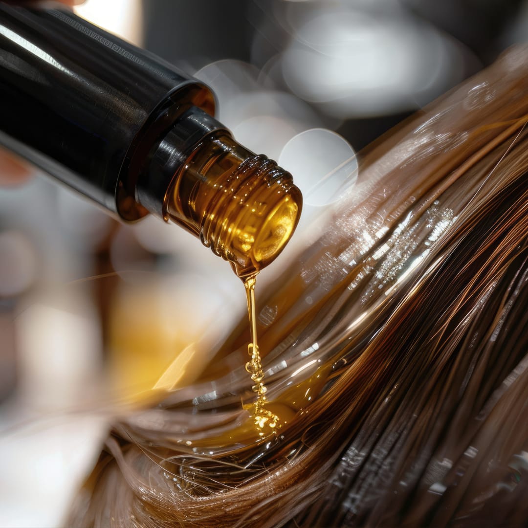 A close-up image of rosemary oil being poured onto hair strands, highlighting the nourishing and restorative qualities of the oil.