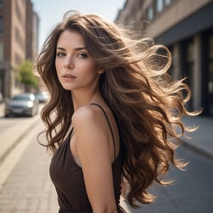 long flowing brunette hair with beaded weft hair extensions styled with loose waves