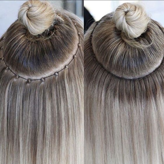 sew in hair extensions applied to sectioned out hair showcasing before and after