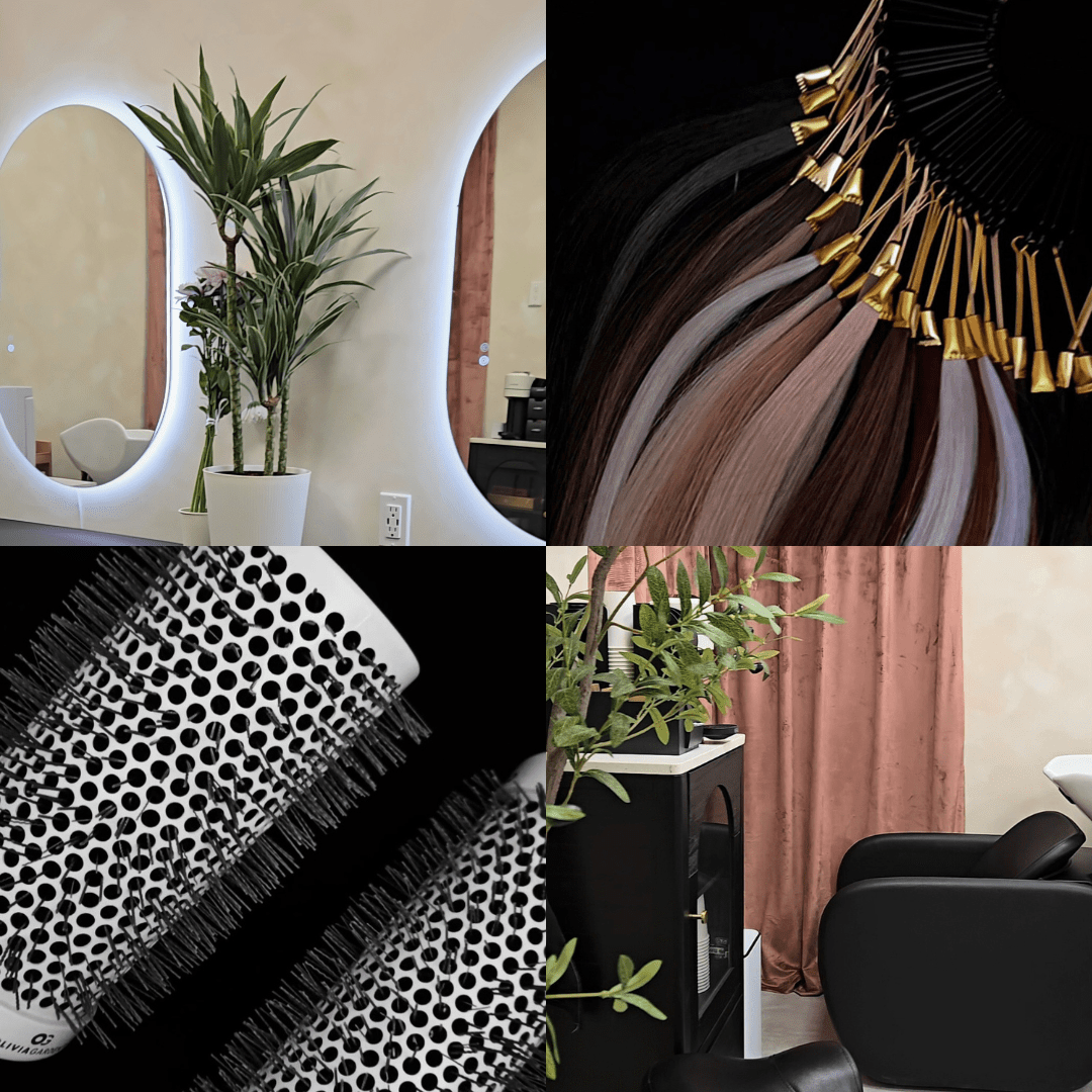 A collage of four images showcasing a luxury hair studio in Mississauga. The top left image features a sleek vanity setup with two illuminated oval mirrors, a modern workstation, and a tall green plant, creating a high-end hairstyling experience. The top right image displays a close-up of a hair extension color ring, featuring various premium hair extension shades, including blonde, brunette, and red, secured with gold clips. The bottom left image highlights a professional round hairbrush with a vented ceramic barrel and black bristles, ideal for blowouts and styling. The bottom right image presents a serene hair-washing station, complete with plush black reclining chairs, a minimalist black cabinet with a plant on top, and soft pink curtains, embodying a private, relaxing salon experience.