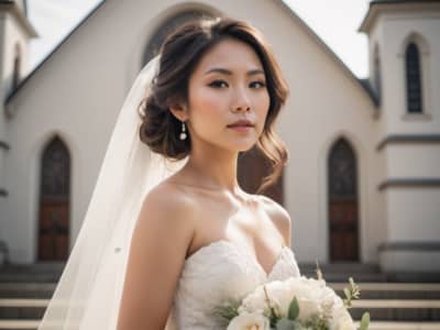 asian bride with a bridal hairstyle updo posing in front of a church