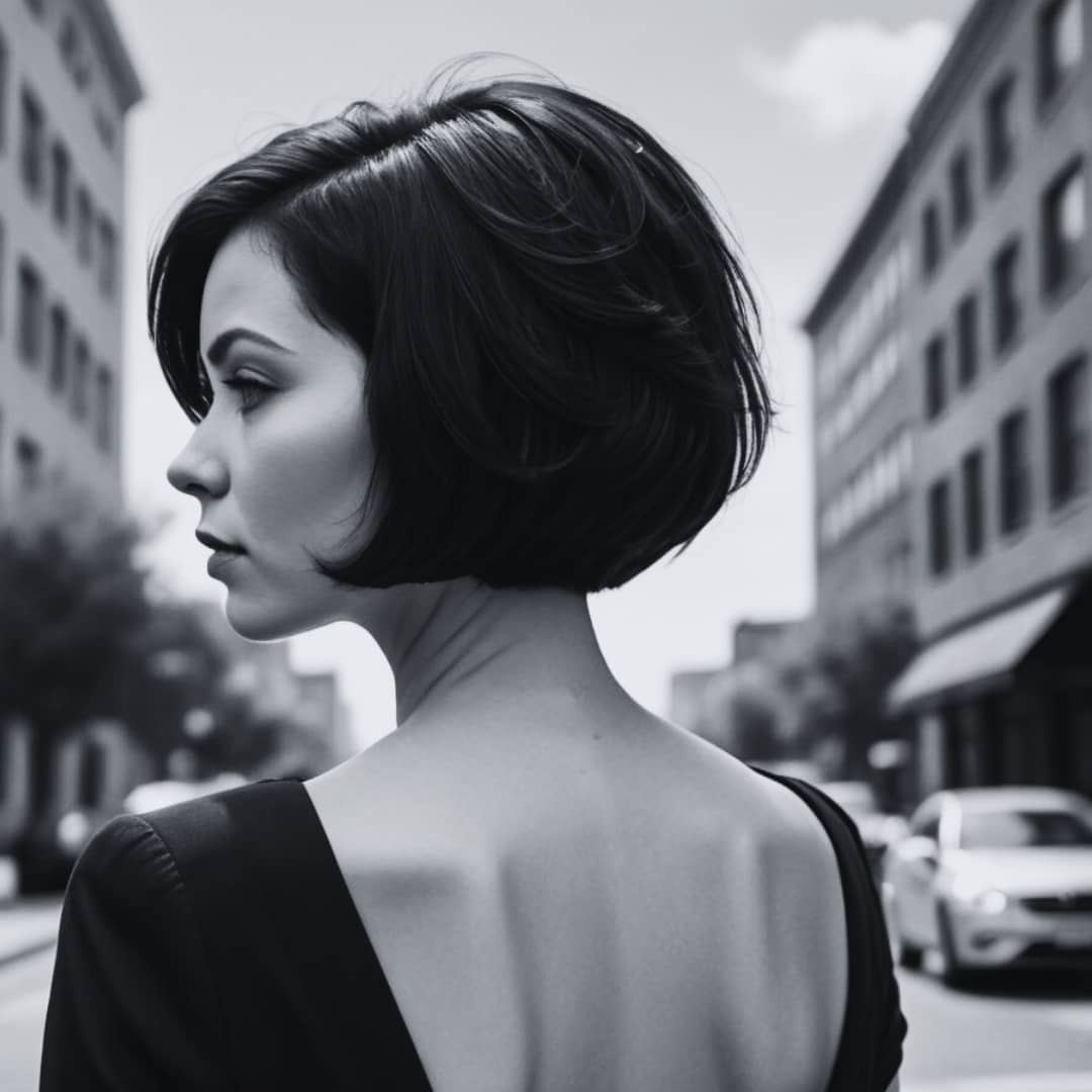 hairstyle is a french bob haircut on a chich woman looking to the side